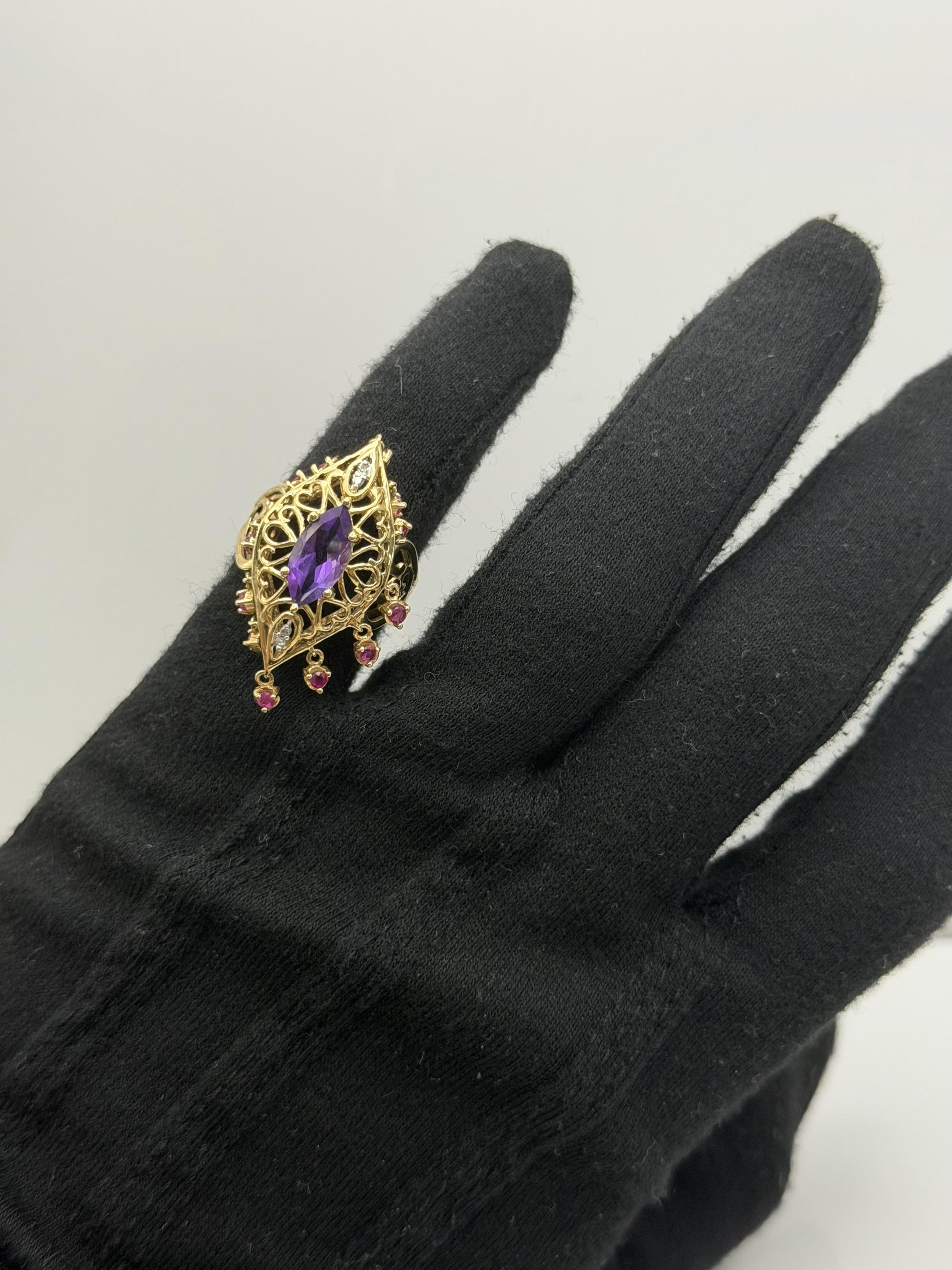 10k yellow Gold Amethyst Ruby Diamond Ring. Filigree Statement Cocktail Ring.