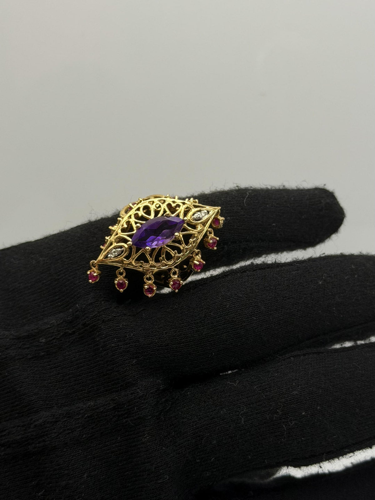 10k yellow Gold Amethyst Ruby Diamond Ring. Filigree Statement Cocktail Ring.
