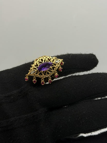 10k yellow Gold Amethyst Ruby Diamond Ring. Filigree Statement Cocktail Ring.