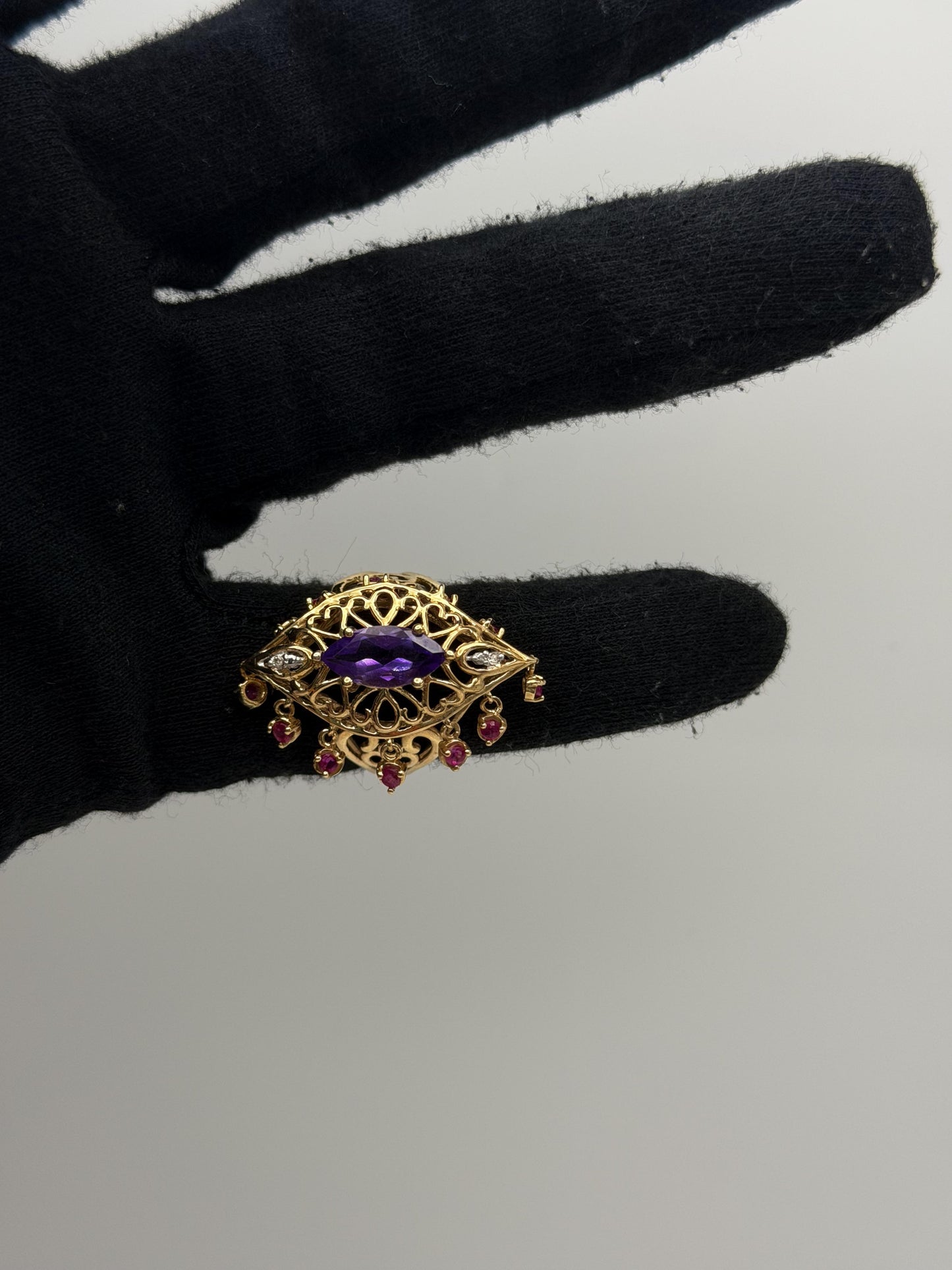 10k yellow Gold Amethyst Ruby Diamond Ring. Filigree Statement Cocktail Ring.