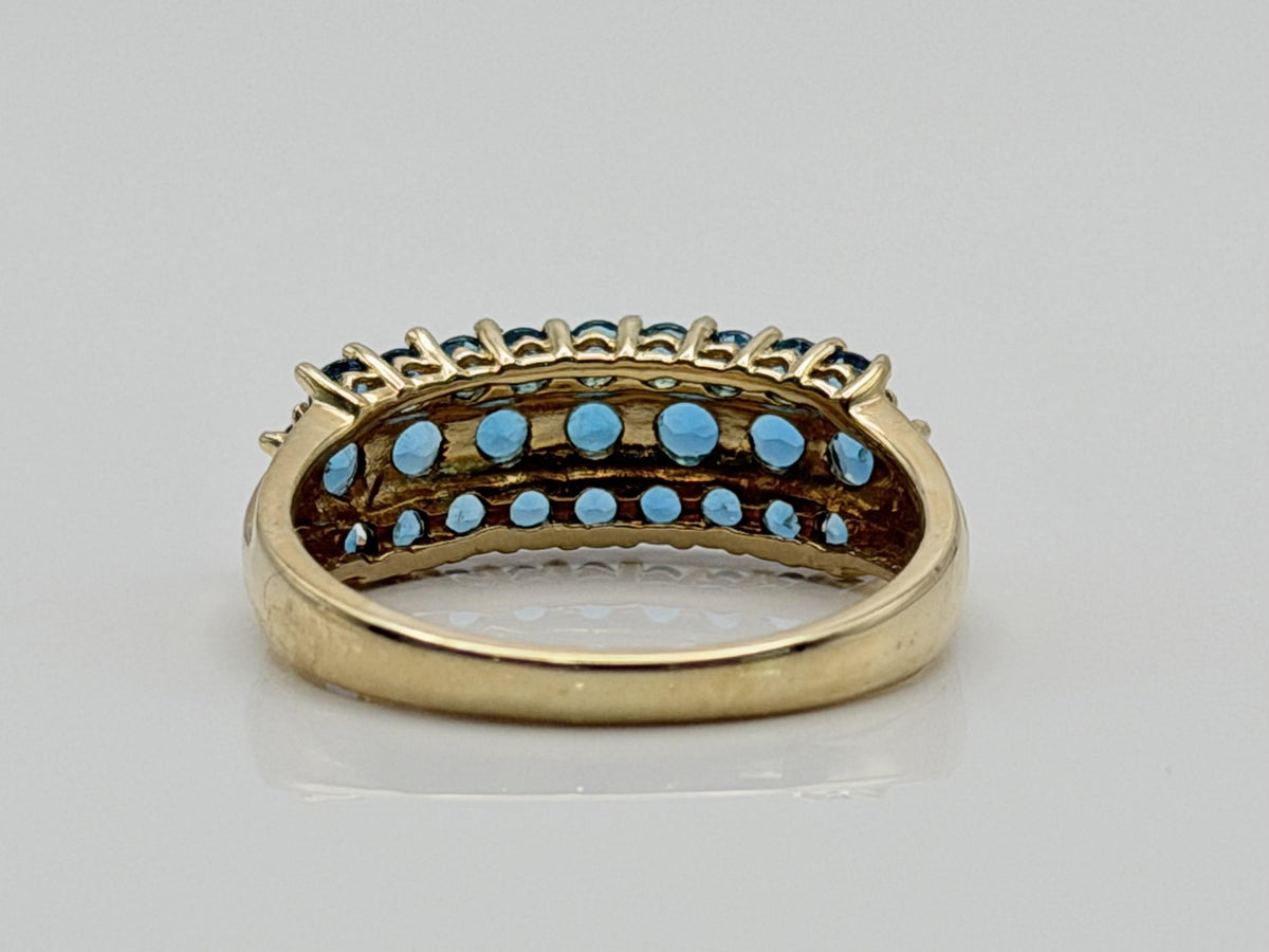 14k Vintage Yellow Gold Blue Glass Cluster Ring Cocktail Band.