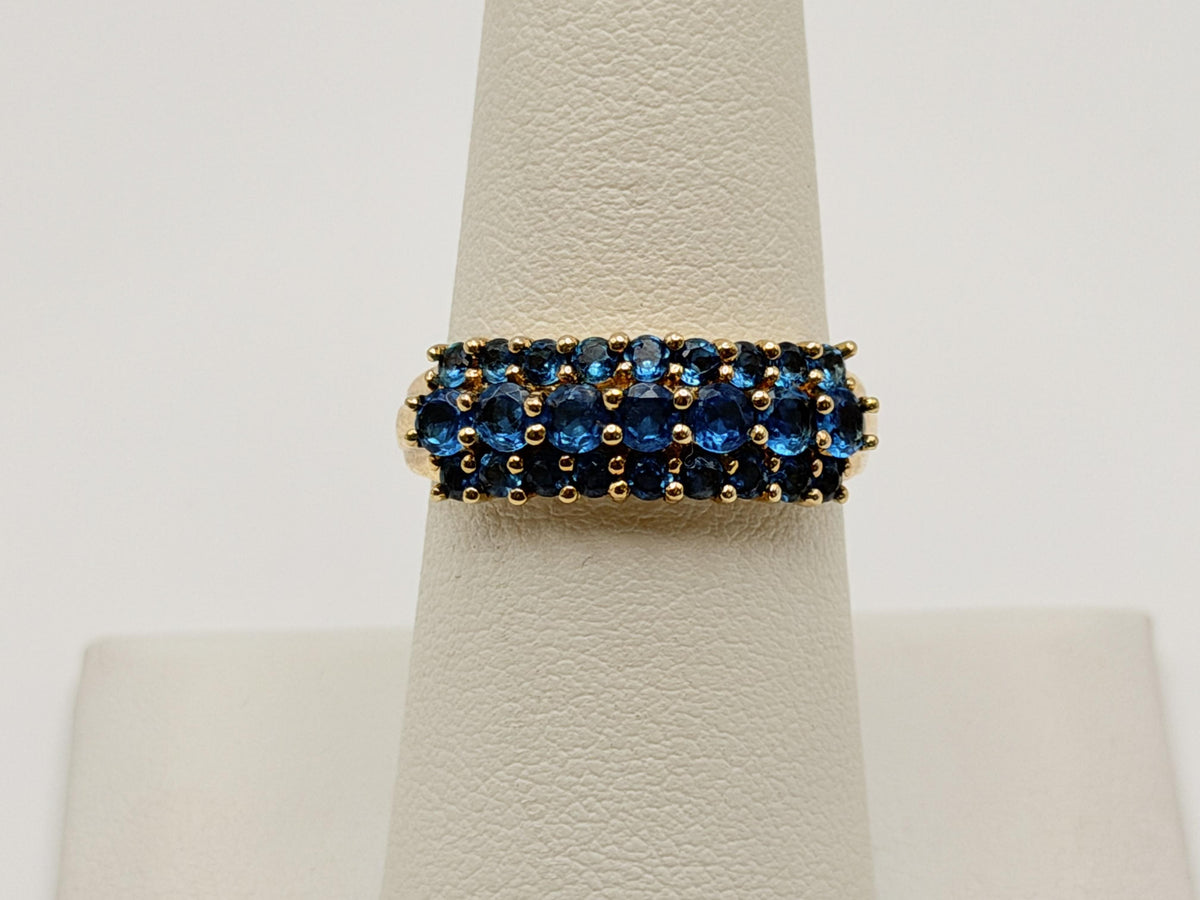 14k Vintage Yellow Gold Blue Glass Cluster Ring Cocktail Band.
