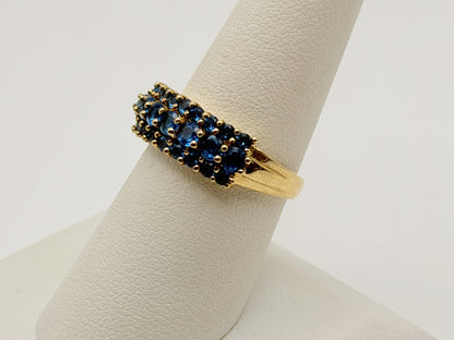 14k Vintage Yellow Gold Blue Glass Cluster Ring Cocktail Band.