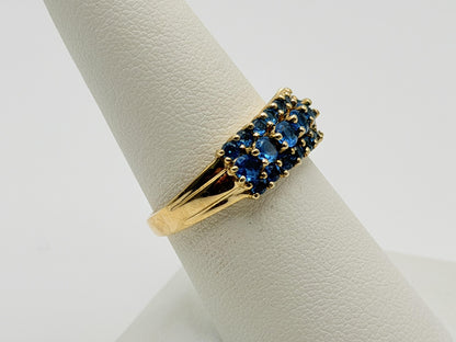 14k Vintage Yellow Gold Blue Glass Cluster Ring Cocktail Band.