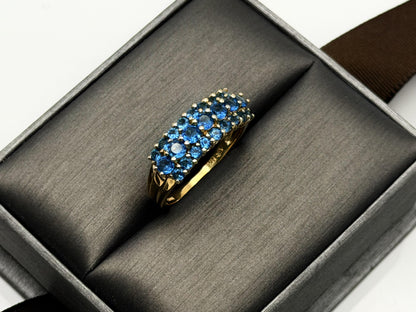 14k Vintage Yellow Gold Blue Glass Cluster Ring Cocktail Band.