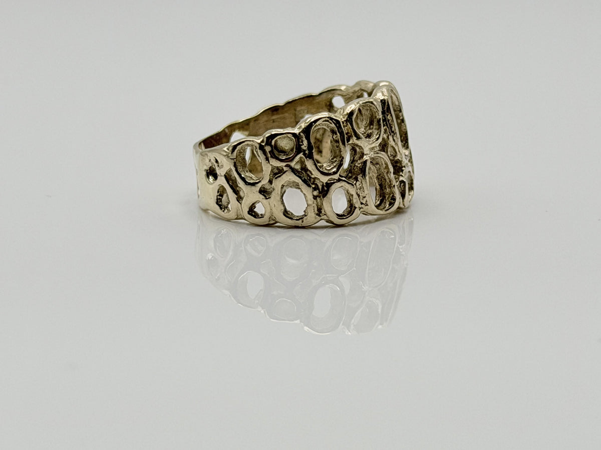 Vintage 18K Yellow Gold Openwork Ring.Wide Organic Circle Band.Statement Ring.
