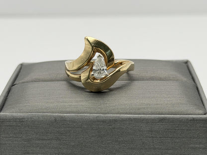 14K Yellow Gold Pear-Shaped Diamond Ring, Vintage Modernist Swirl Statement Ring