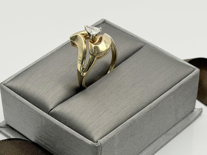 14K Yellow Gold Pear-Shaped Diamond Ring, Vintage Modernist Swirl Statement Ring