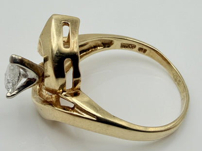 14K Yellow Gold Pear-Shaped Diamond Ring, Vintage Modernist Swirl Statement Ring