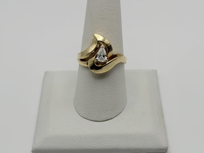 14K Yellow Gold Pear-Shaped Diamond Ring, Vintage Modernist Swirl Statement Ring