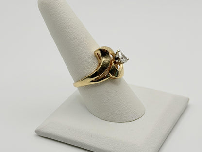 14K Yellow Gold Pear-Shaped Diamond Ring, Vintage Modernist Swirl Statement Ring
