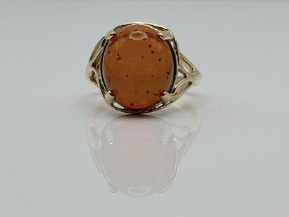 Natural Amber Cabochon Ring 14K Solid Yellow Gold Vintage Statement Ring
