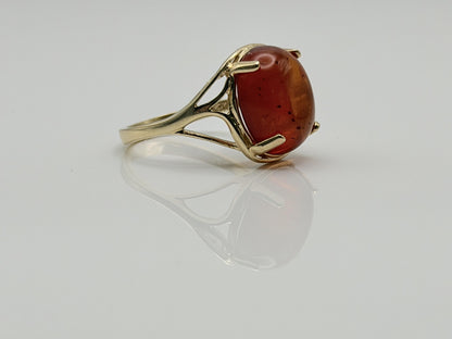 Natural Amber Cabochon Ring 14K Solid Yellow Gold Vintage Statement Ring