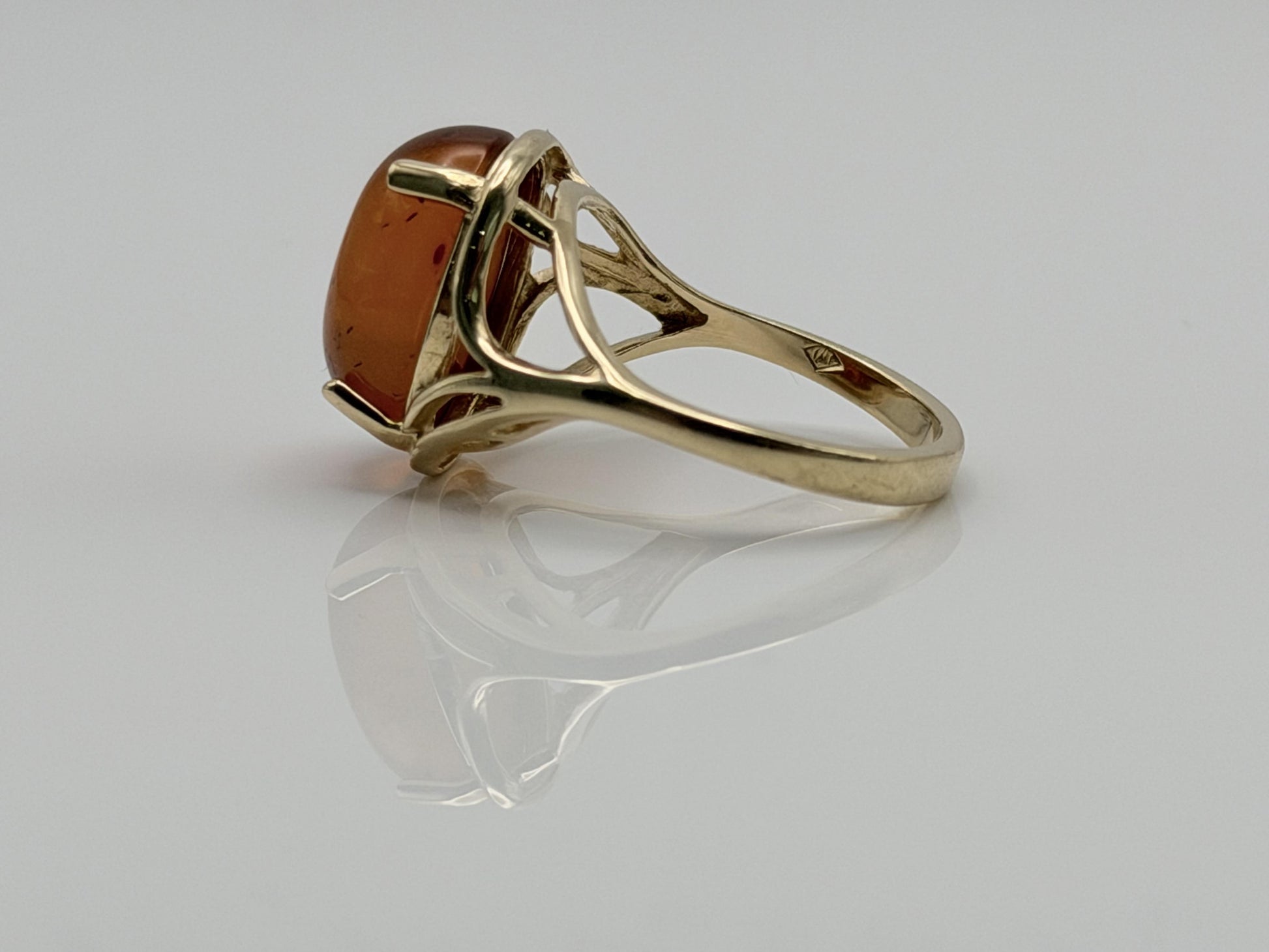 Natural Amber Cabochon Ring 14K Solid Yellow Gold Vintage Statement Ring
