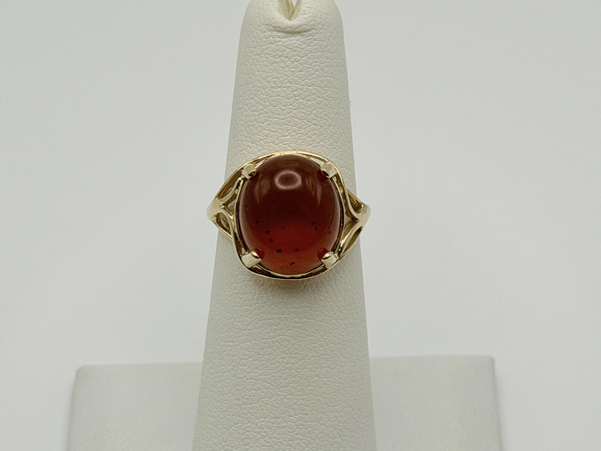 Natural Amber Cabochon Ring 14K Solid Yellow Gold Vintage Statement Ring