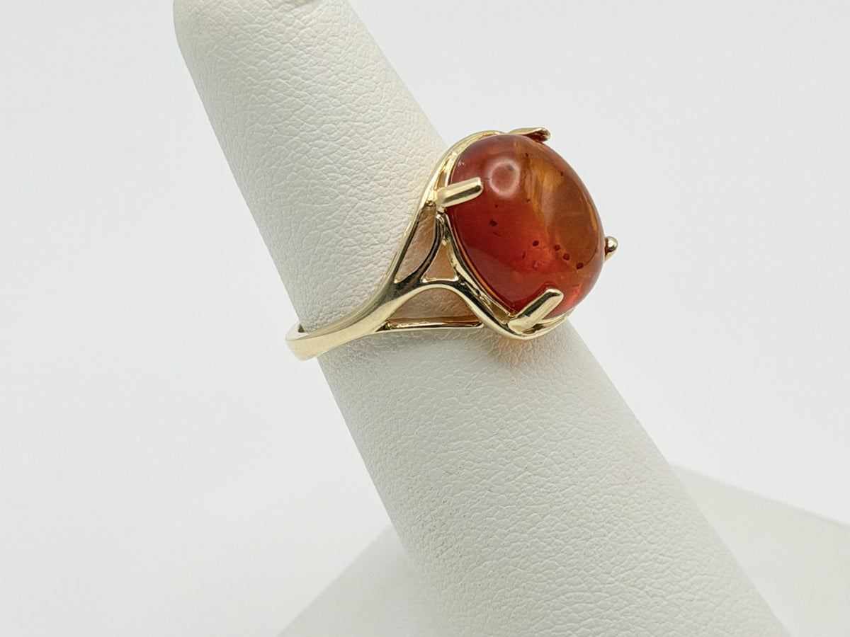 Natural Amber Cabochon Ring 14K Solid Yellow Gold Vintage Statement Ring