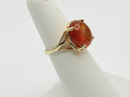Natural Amber Cabochon Ring 14K Solid Yellow Gold Vintage Statement Ring