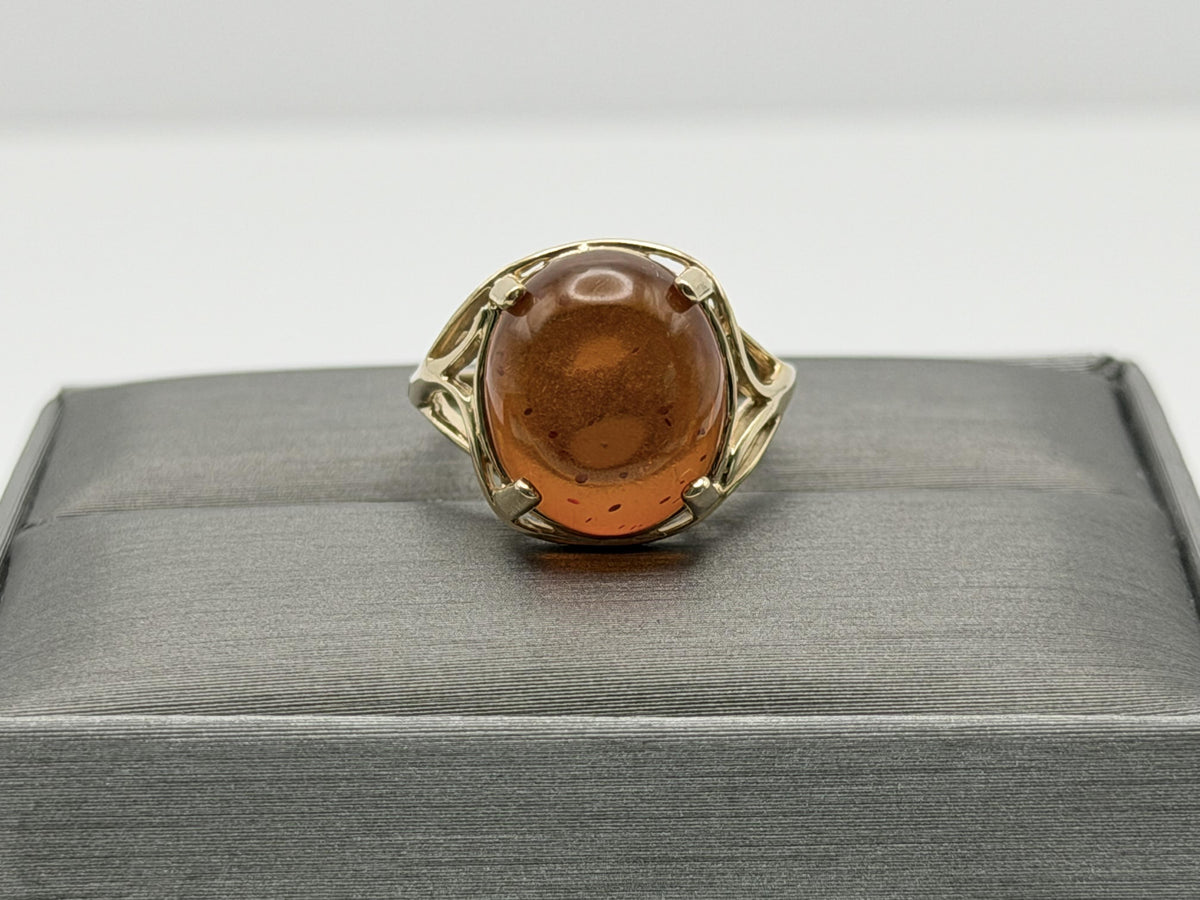 Natural Amber Cabochon Ring 14K Solid Yellow Gold Vintage Statement Ring