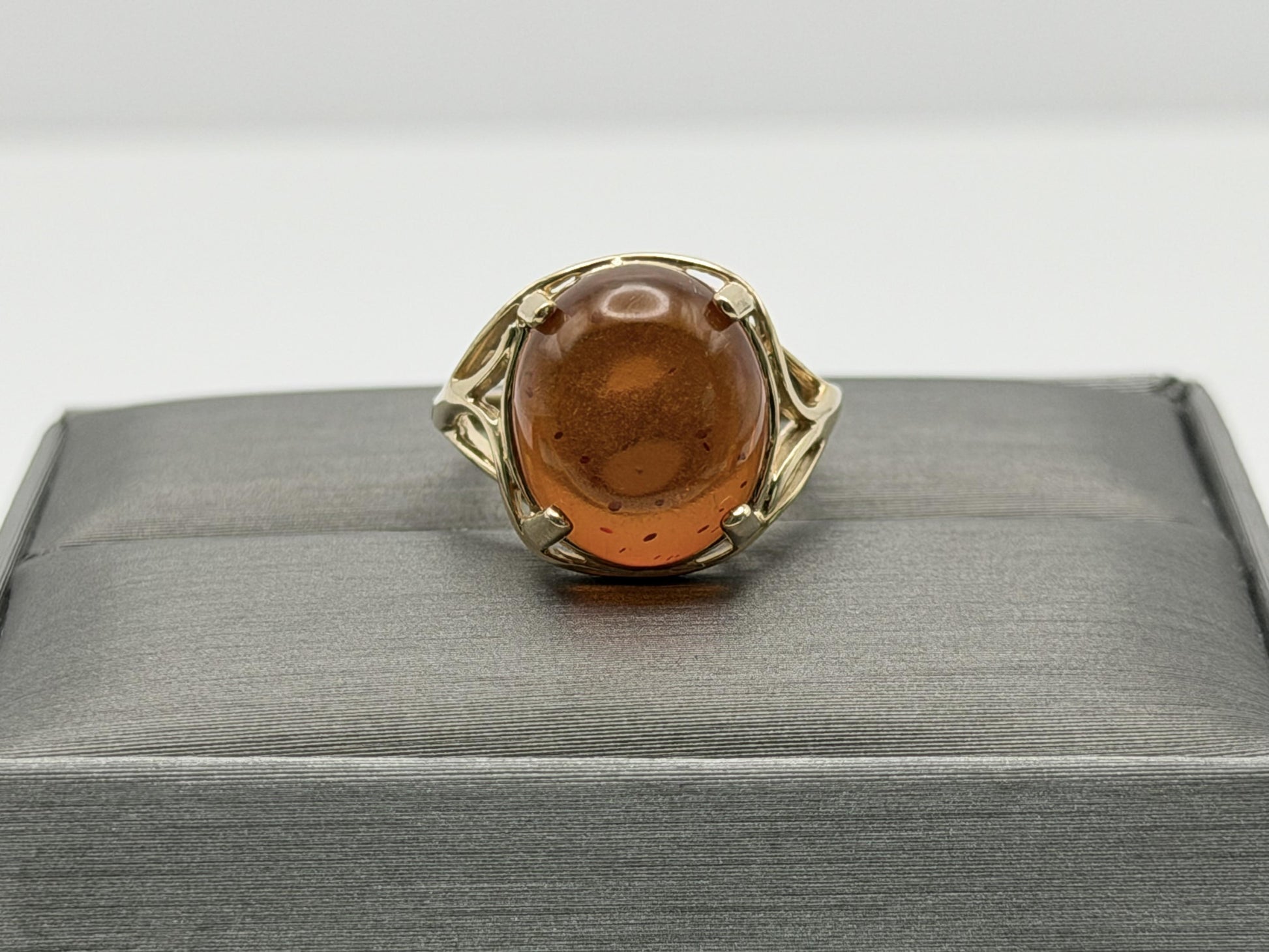 Natural Amber Cabochon Ring 14K Solid Yellow Gold Vintage Statement Ring