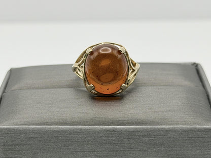 Natural Amber Cabochon Ring 14K Solid Yellow Gold Vintage Statement Ring