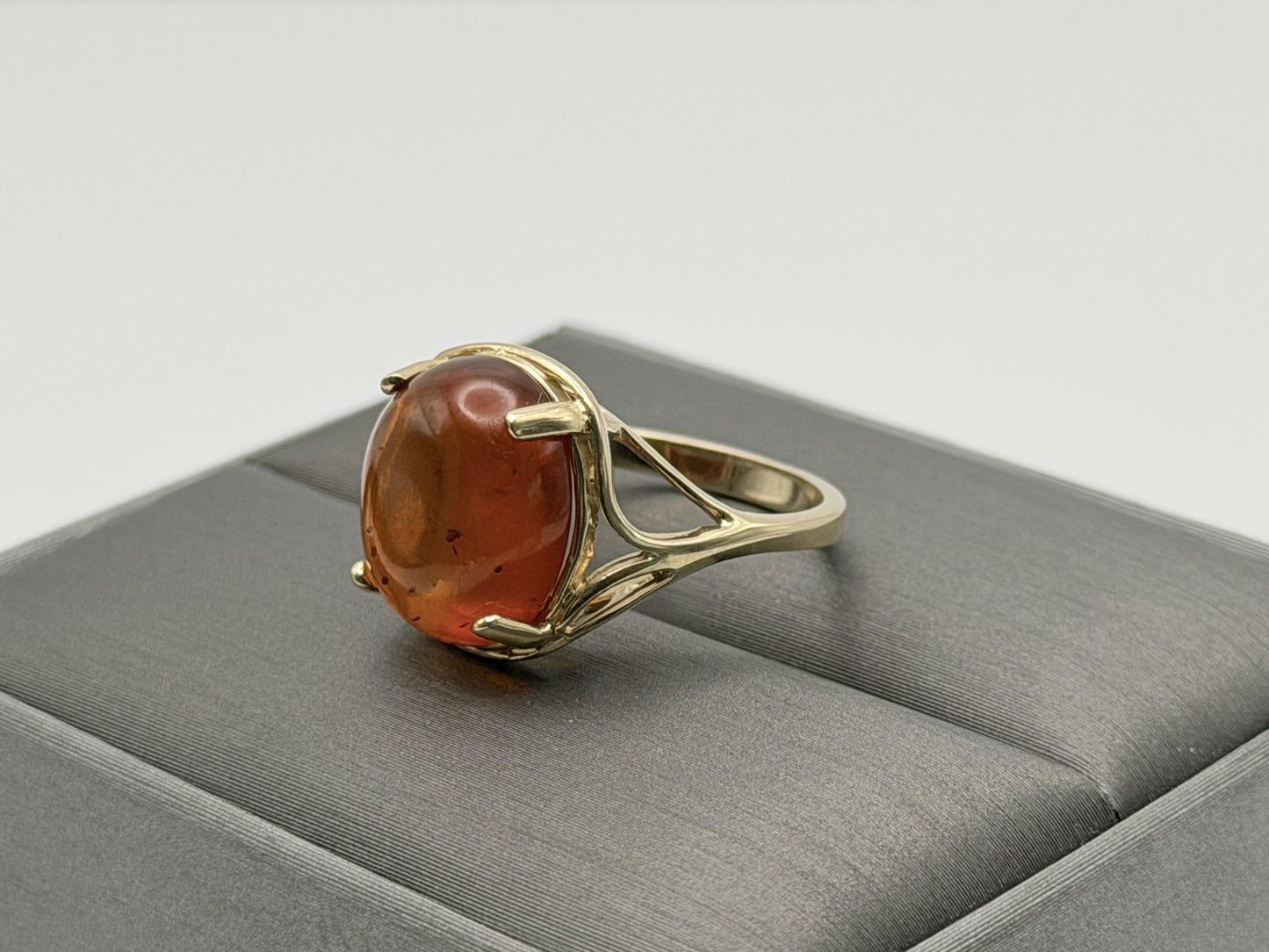Natural Amber Cabochon Ring 14K Solid Yellow Gold Vintage Statement Ring