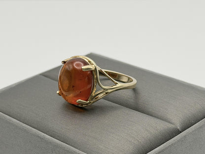 Natural Amber Cabochon Ring 14K Solid Yellow Gold Vintage Statement Ring