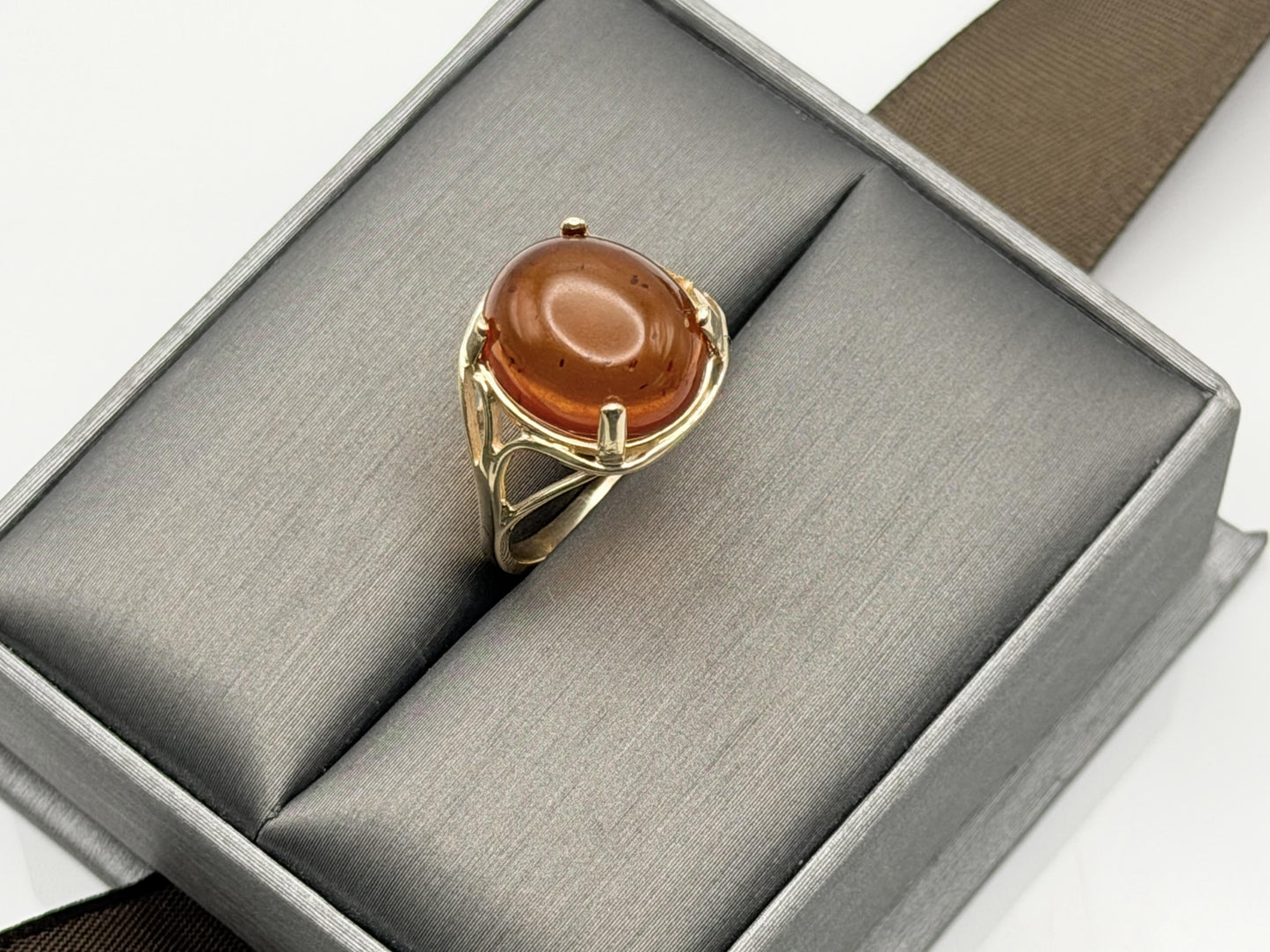 Natural Amber Cabochon Ring 14K Solid Yellow Gold Vintage Statement Ring