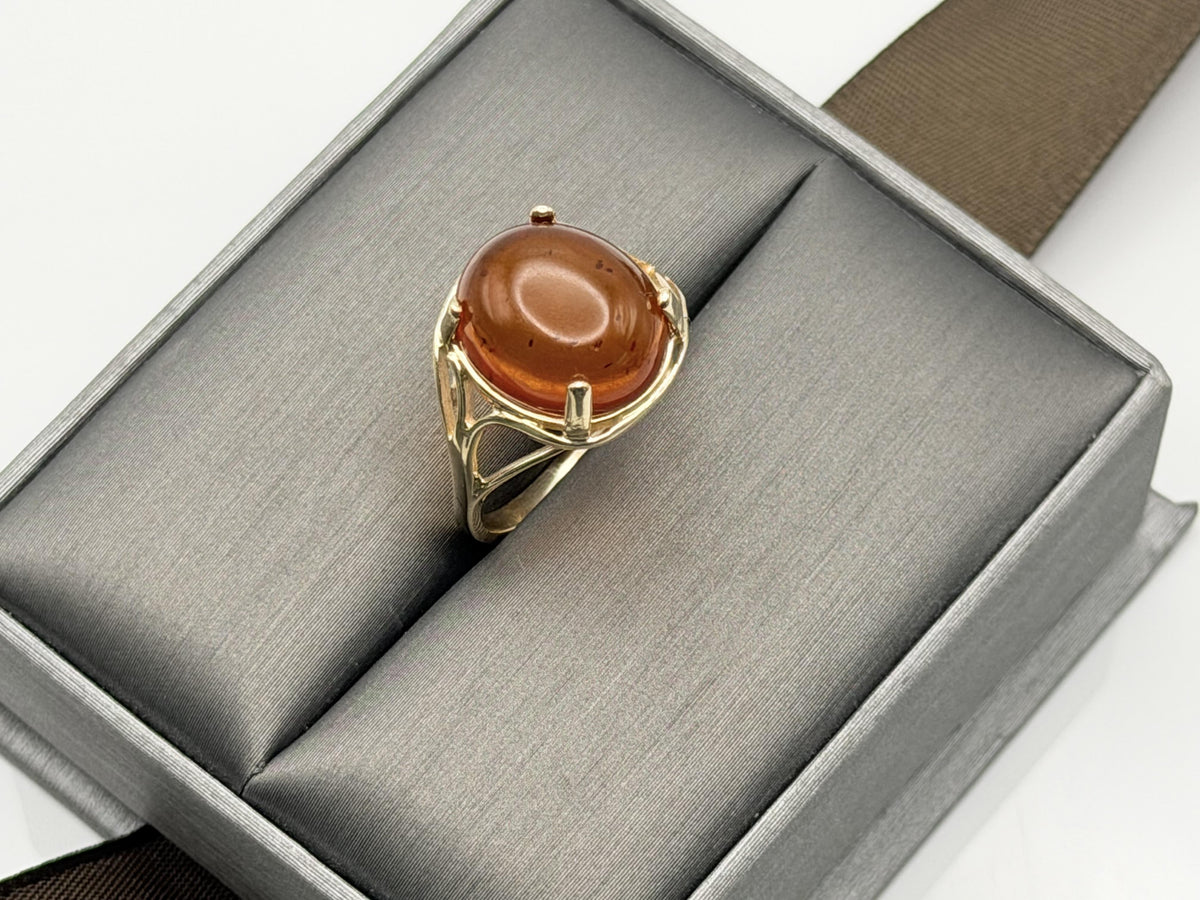 Natural Amber Cabochon Ring 14K Solid Yellow Gold Vintage Statement Ring