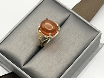 Natural Amber Cabochon Ring 14K Solid Yellow Gold Vintage Statement Ring
