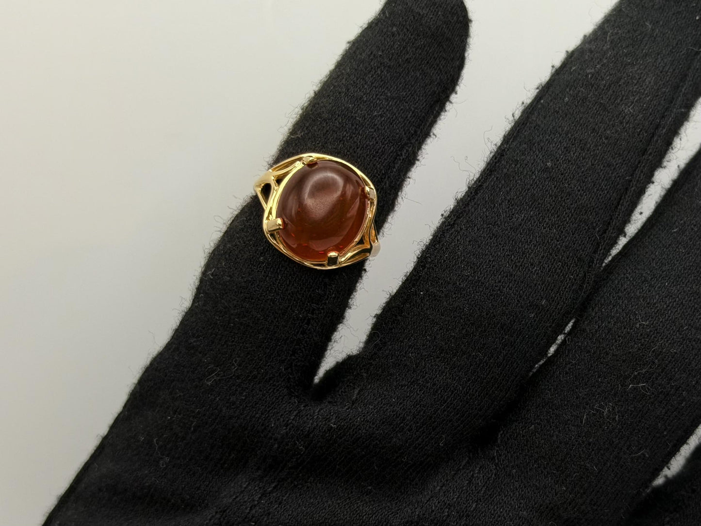 Natural Amber Cabochon Ring 14K Solid Yellow Gold Vintage Statement Ring