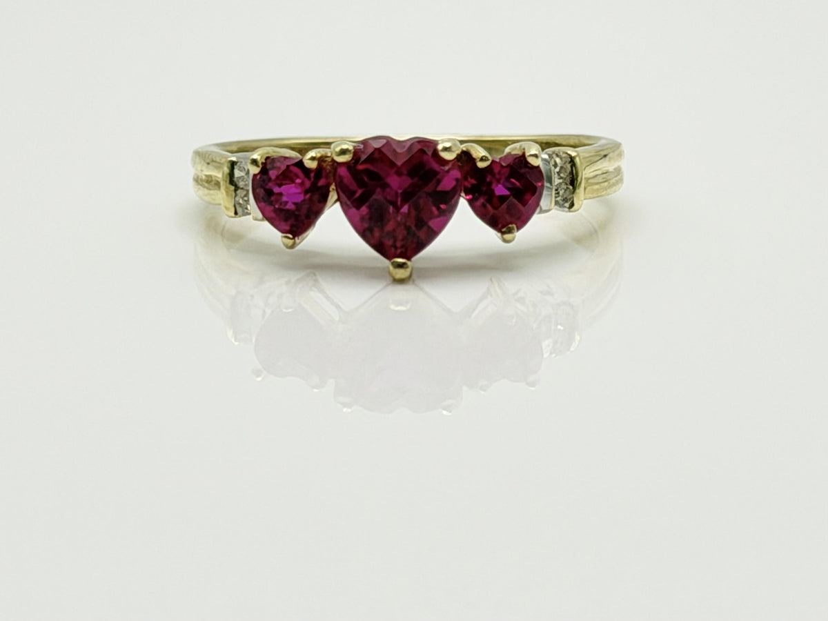 10K Yellow Gold Three Ruby Ring.Vintage Graduated Ruby Statement Ring.