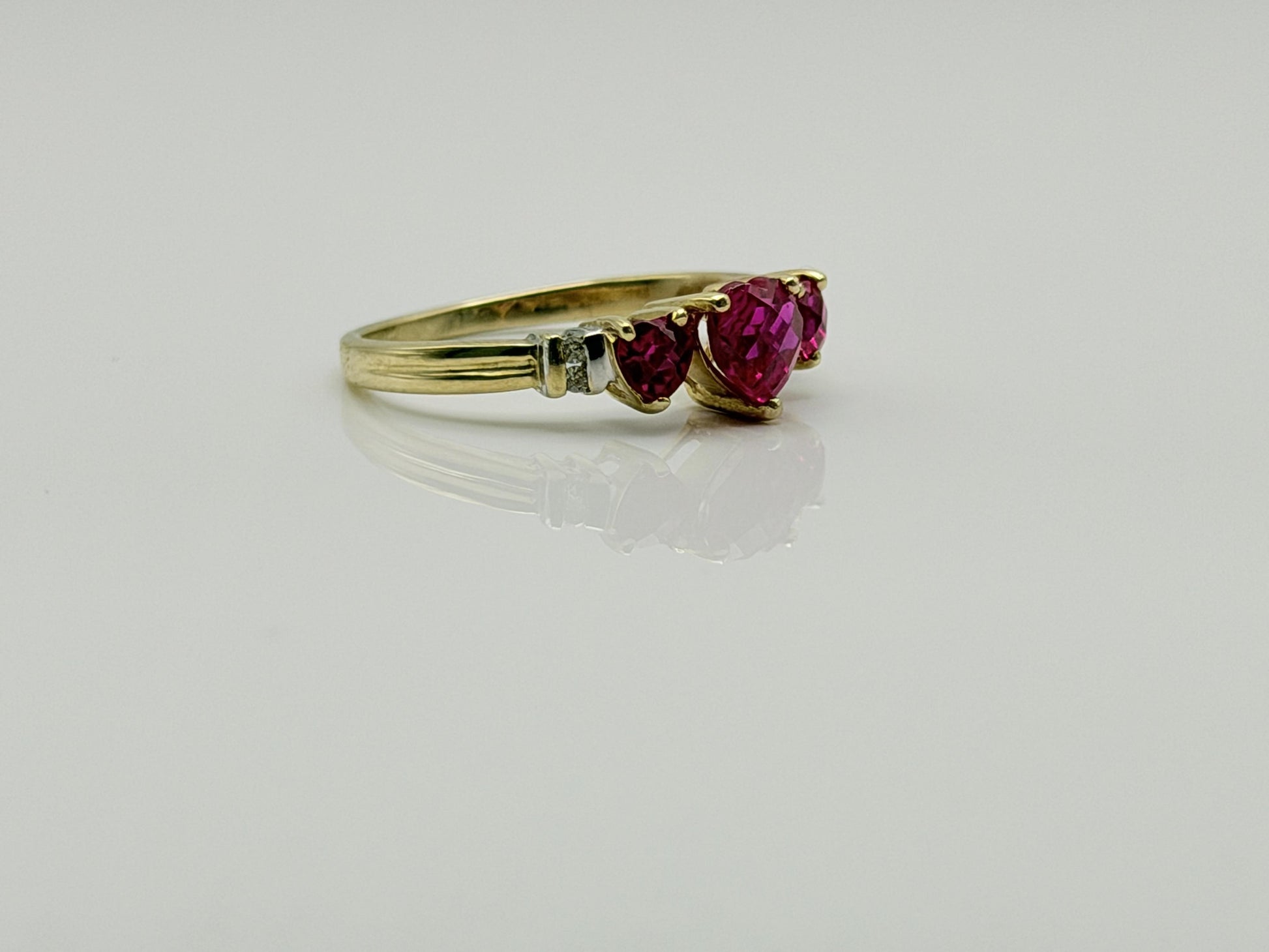 10K Yellow Gold Three Ruby Ring.Vintage Graduated Ruby Statement Ring.