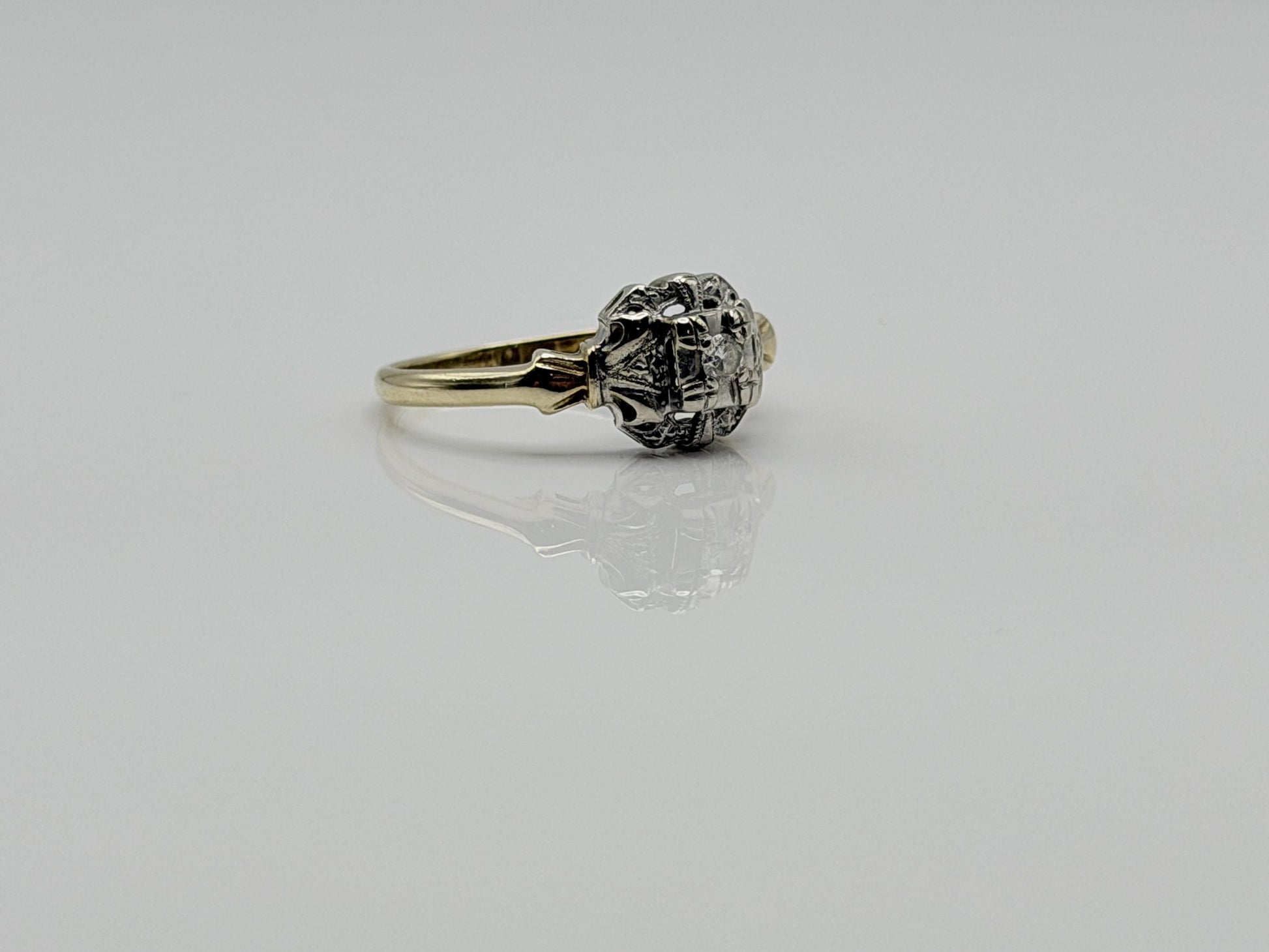Vintage 14K Two-Tone Gold Diamond Ring.Ornate Estate Statement Ring.