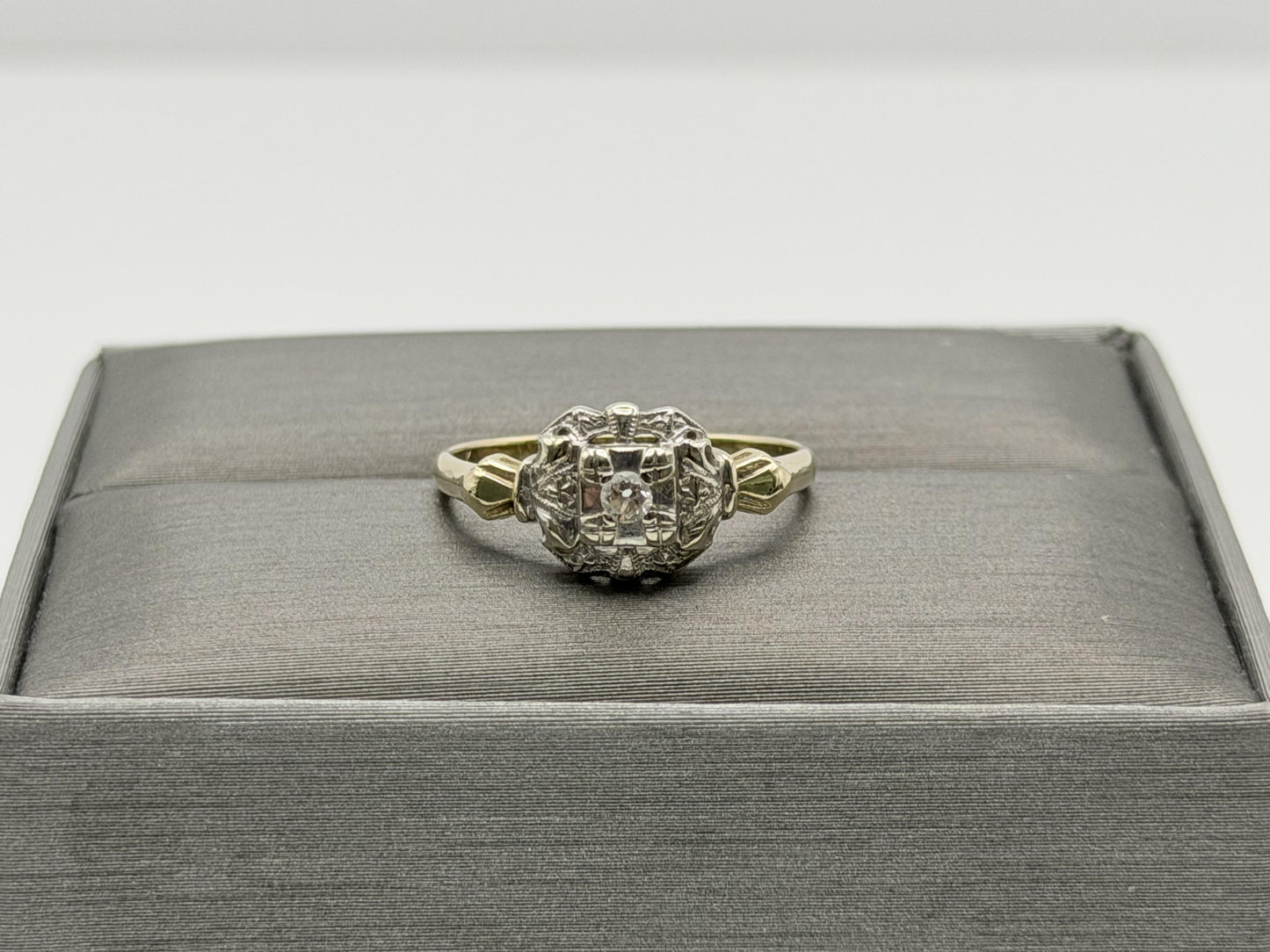 Vintage 14K Two-Tone Gold Diamond Ring.Ornate Estate Statement Ring.