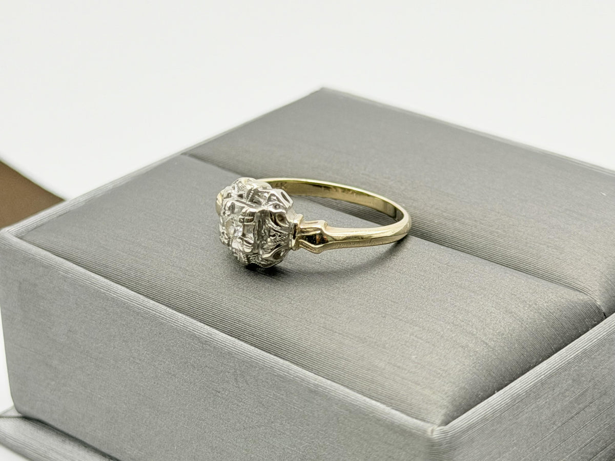 Vintage 14K Two-Tone Gold Diamond Ring.Ornate Estate Statement Ring.