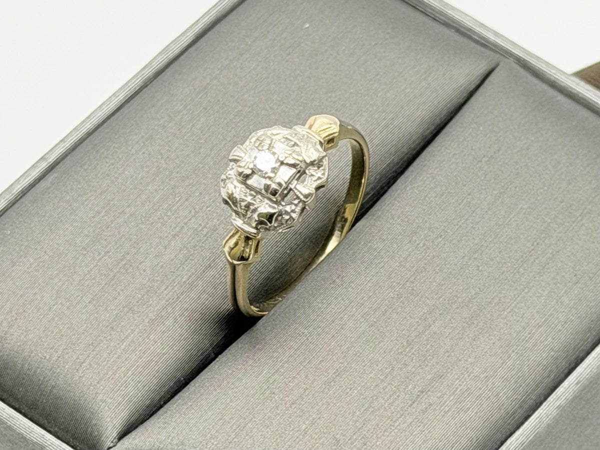 Vintage 14K Two-Tone Gold Diamond Ring.Ornate Estate Statement Ring.