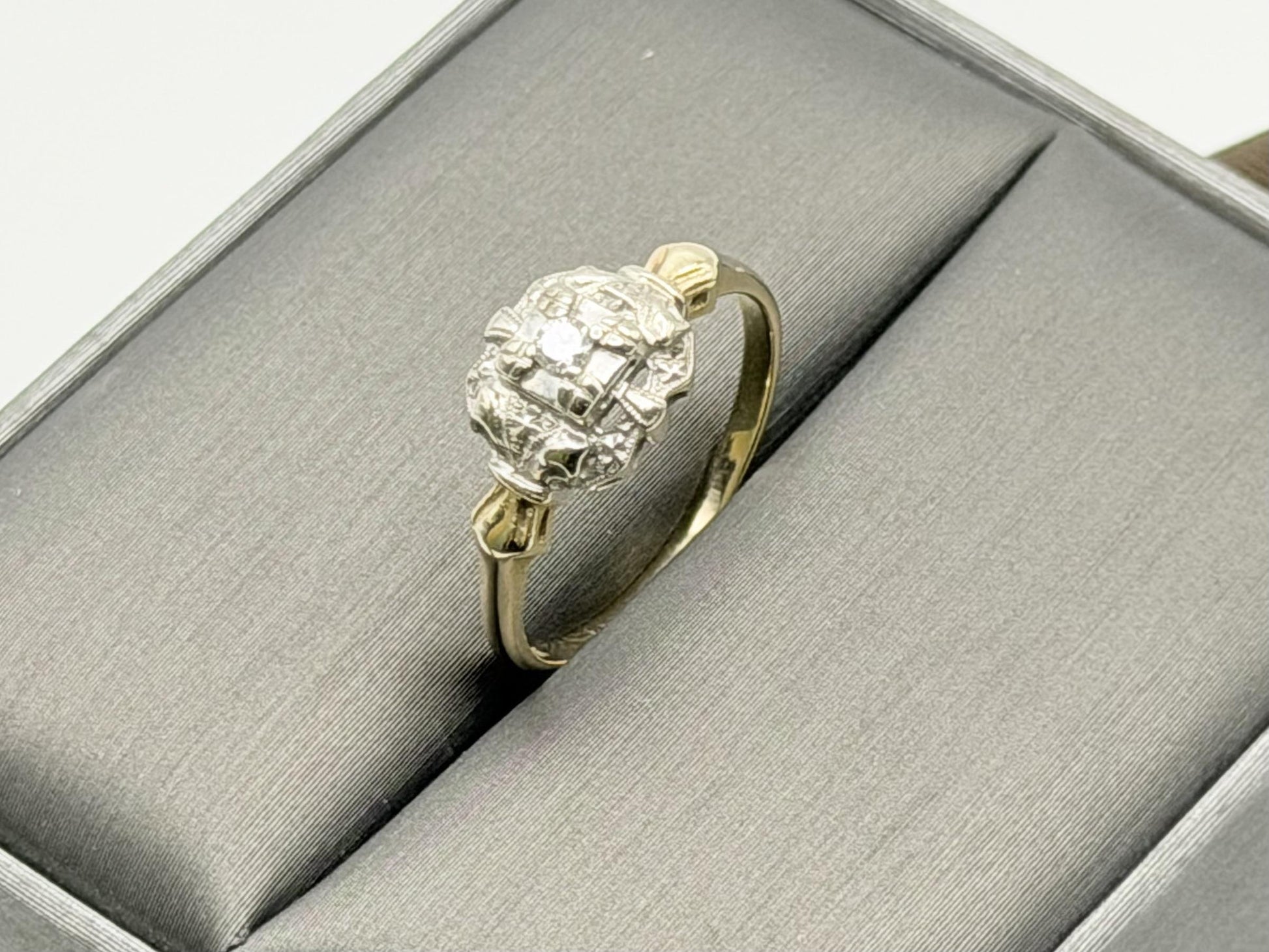 Vintage 14K Two-Tone Gold Diamond Ring.Ornate Estate Statement Ring.