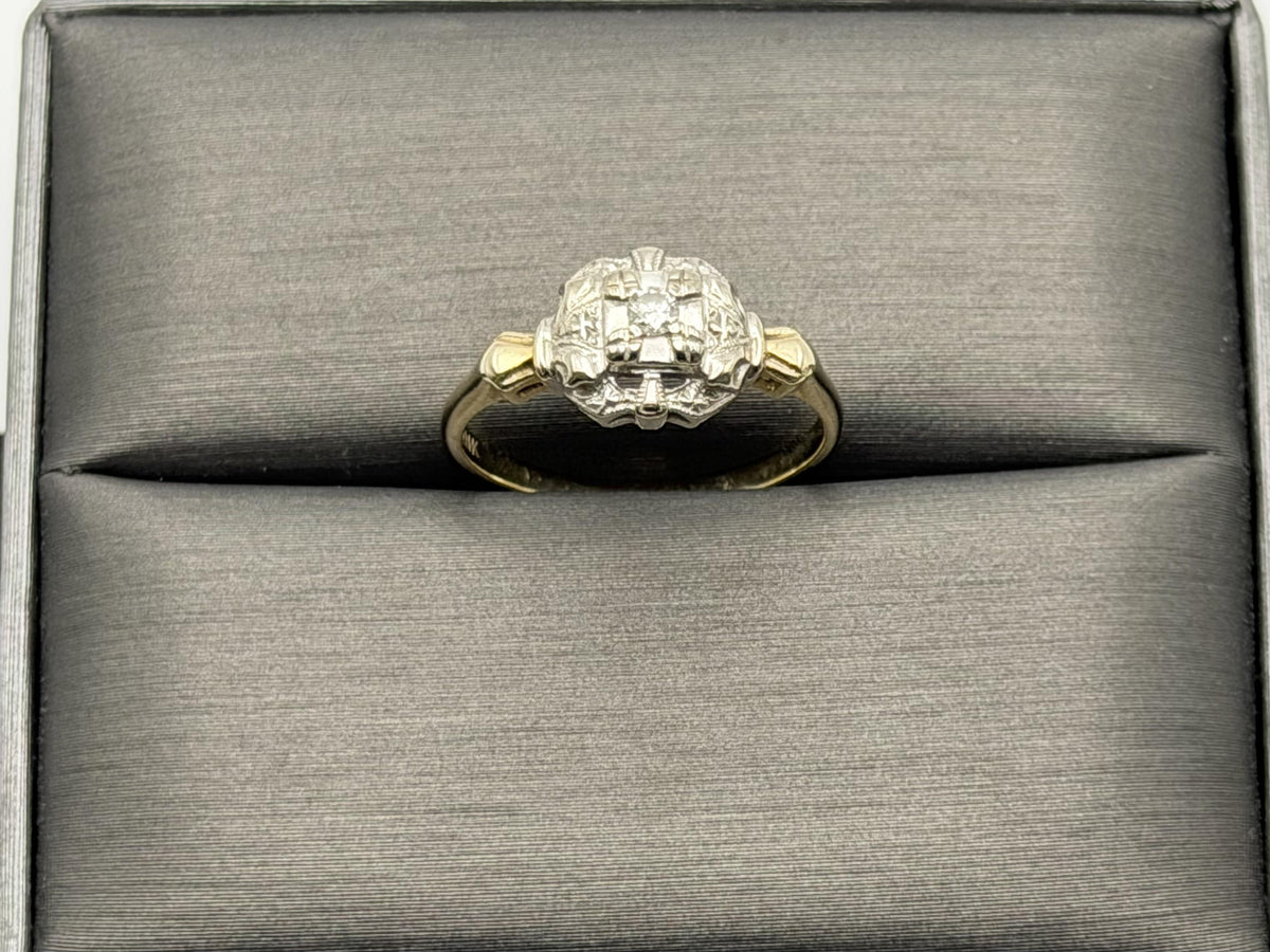Vintage 14K Two-Tone Gold Diamond Ring.Ornate Estate Statement Ring.