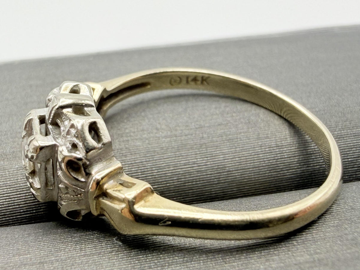 Vintage 14K Two-Tone Gold Diamond Ring.Ornate Estate Statement Ring.
