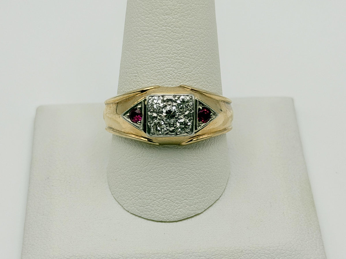 10k Yellow Gold Diamond Ruby Statement Ring.