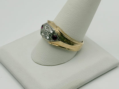 10k Yellow Gold Diamond Ruby Statement Ring.