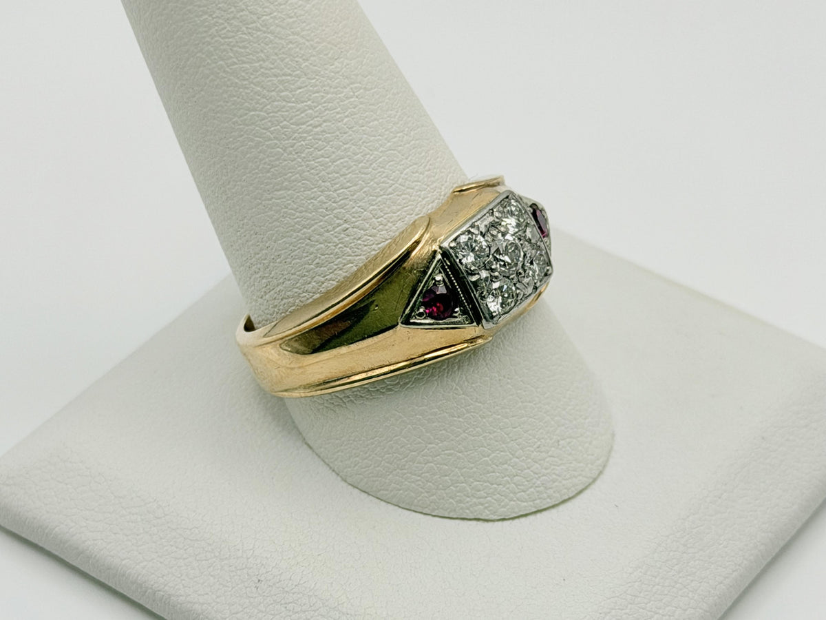 10k Yellow Gold Diamond Ruby Statement Ring.