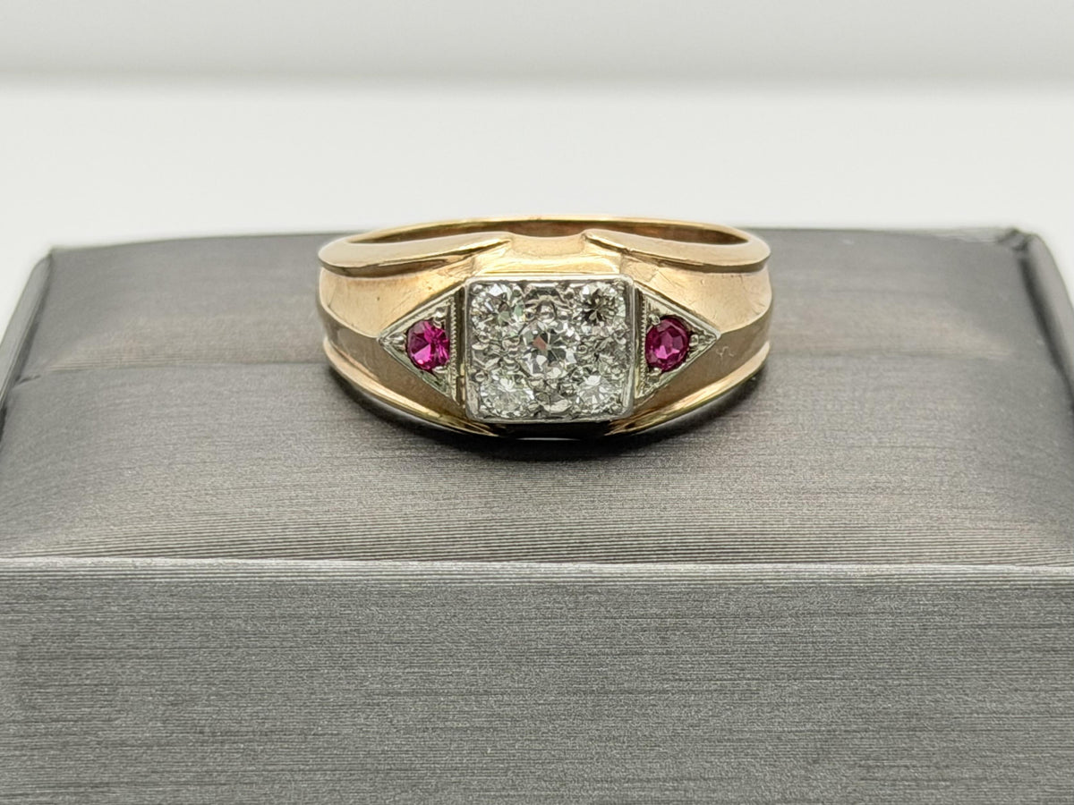 10k Yellow Gold Diamond Ruby Statement Ring.