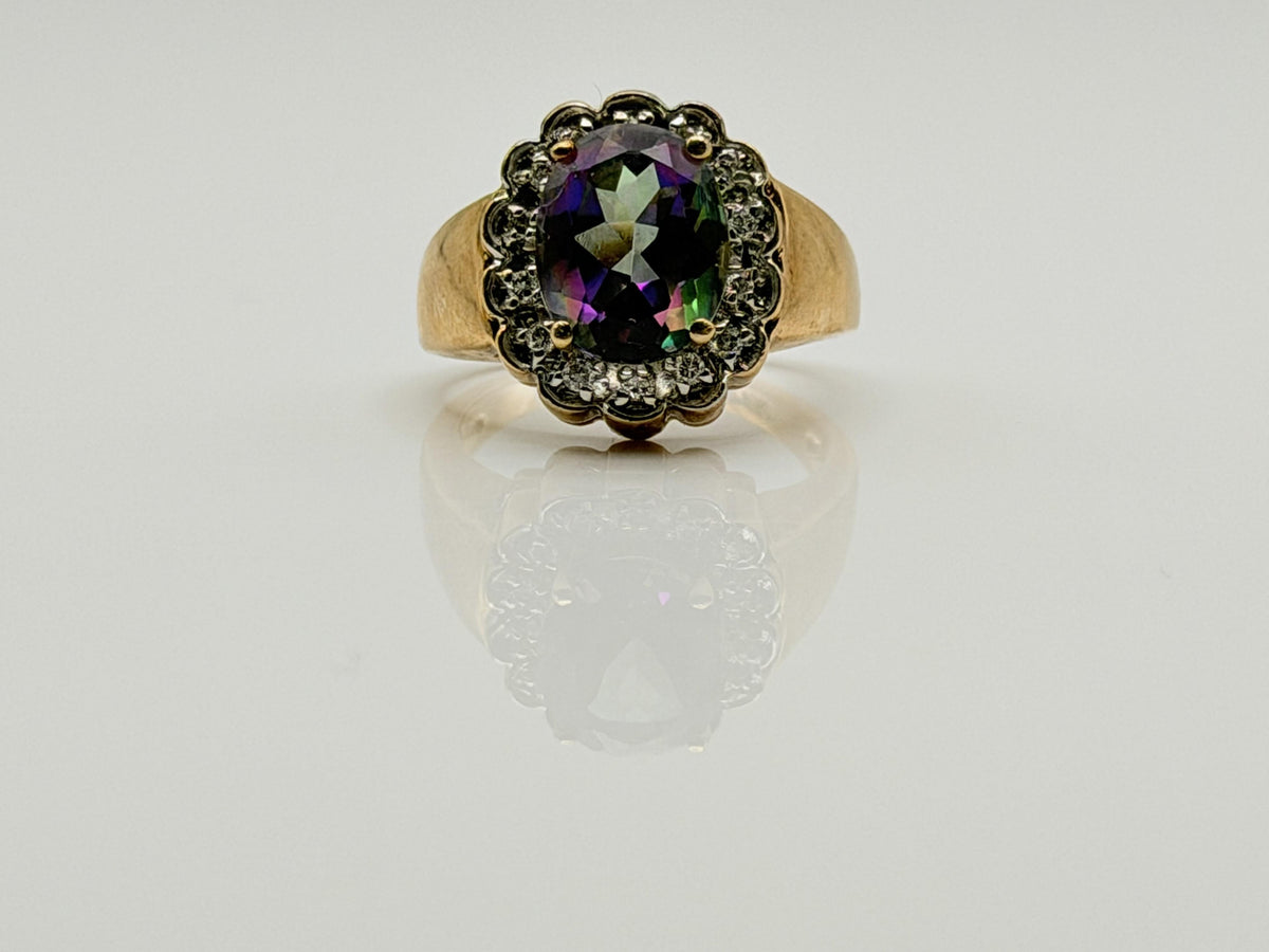 10K Yellow Gold Mystic Topaz and Diamond Halo Ring.Colorful Statement Ring