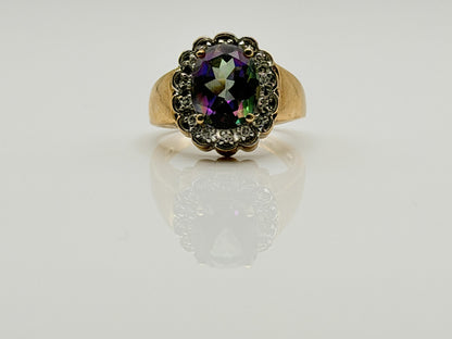 10K Yellow Gold Mystic Topaz and Diamond Halo Ring.Colorful Statement Ring