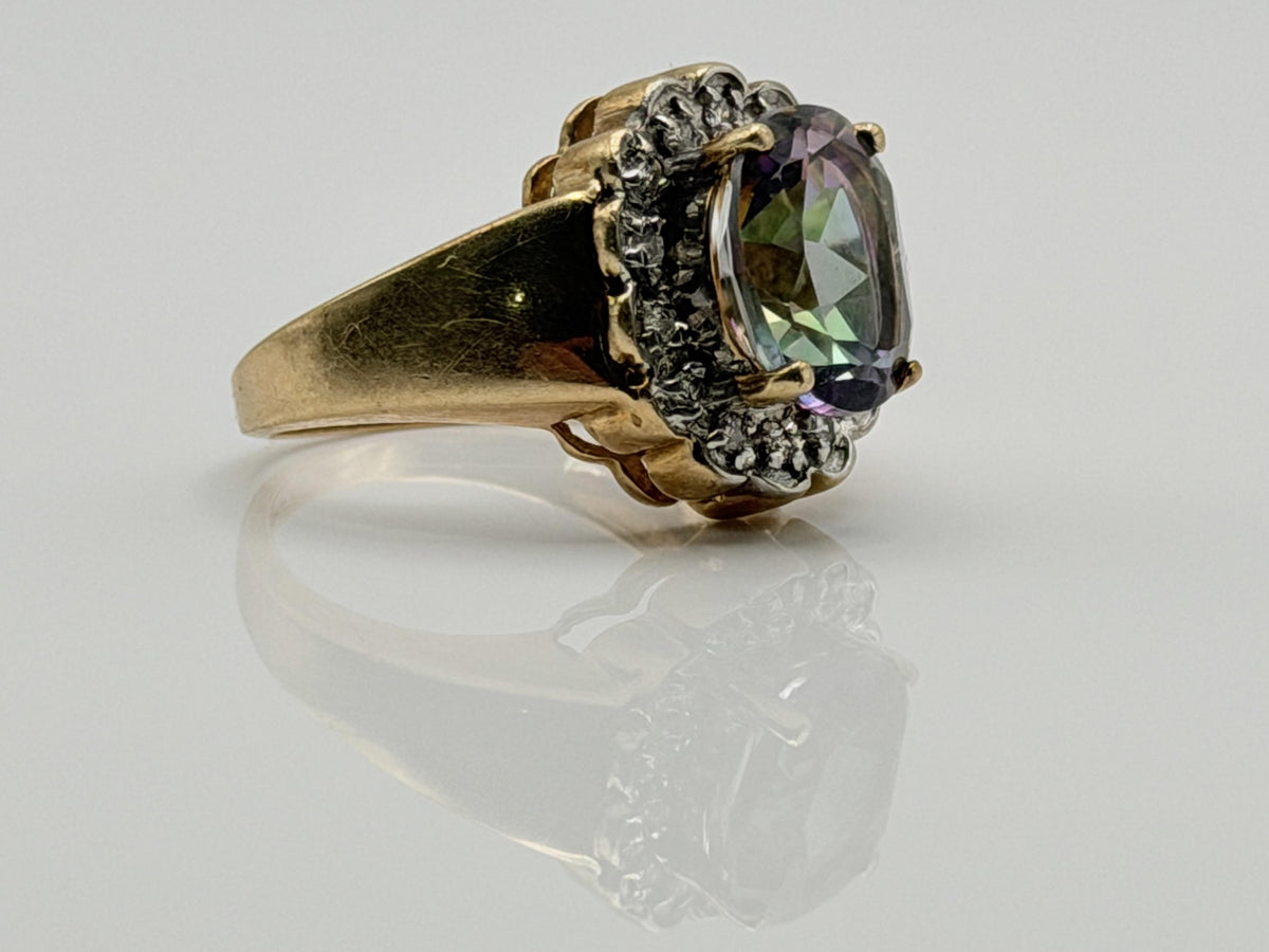 10K Yellow Gold Mystic Topaz and Diamond Halo Ring.Colorful Statement Ring