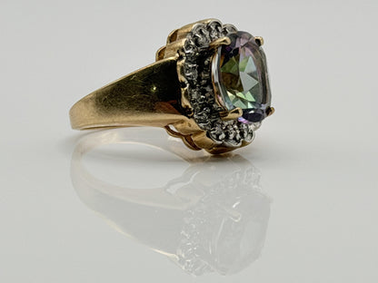 10K Yellow Gold Mystic Topaz and Diamond Halo Ring.Colorful Statement Ring