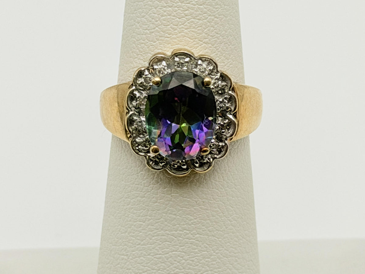 10K Yellow Gold Mystic Topaz and Diamond Halo Ring.Colorful Statement Ring