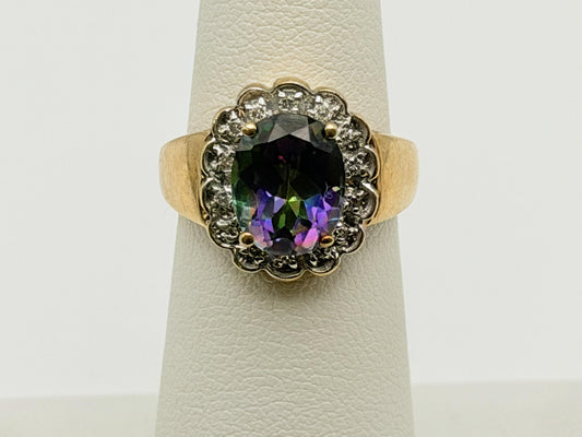 10K Yellow Gold Mystic Topaz and Diamond Halo Ring.Colorful Statement Ring