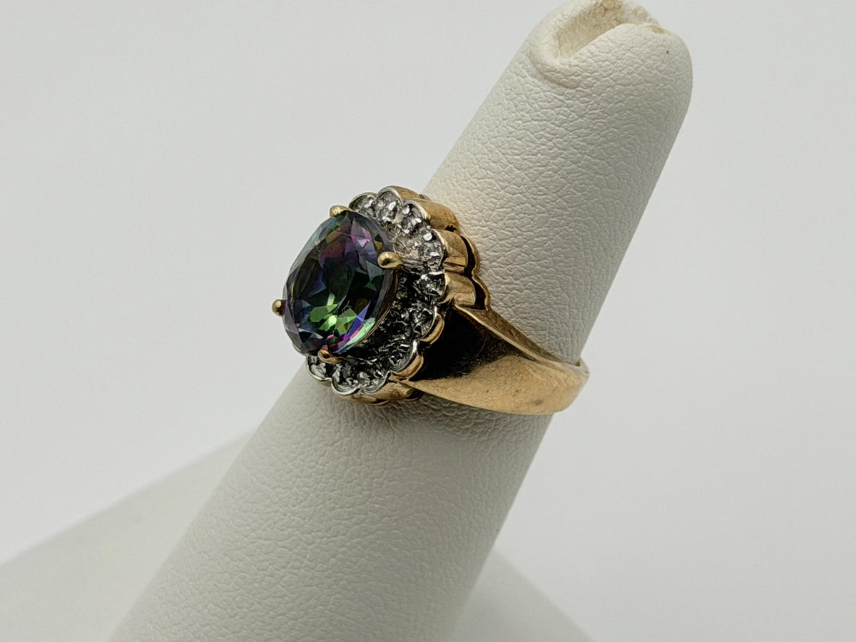 10K Yellow Gold Mystic Topaz and Diamond Halo Ring.Colorful Statement Ring